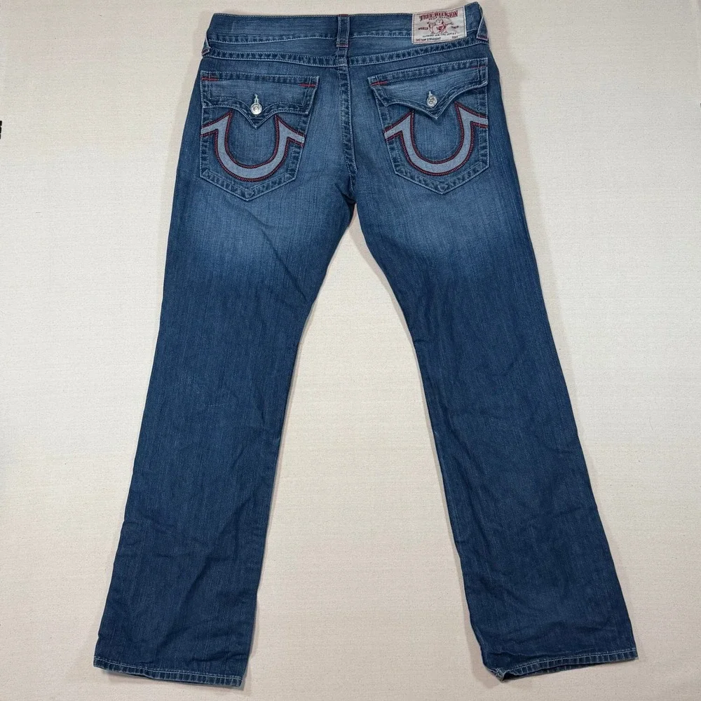 True Religion Section Straight Jeans Mens 38x32.5 Blue Denim Red Contrast Stitch